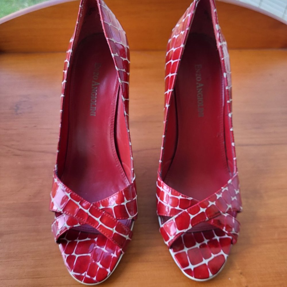 Enzo Open Toe Red Patent Leather Stiletto Heels